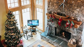 Smart TV, fireplace, DVD player, books