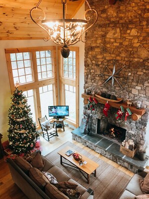 Smart TV, fireplace, DVD player, books