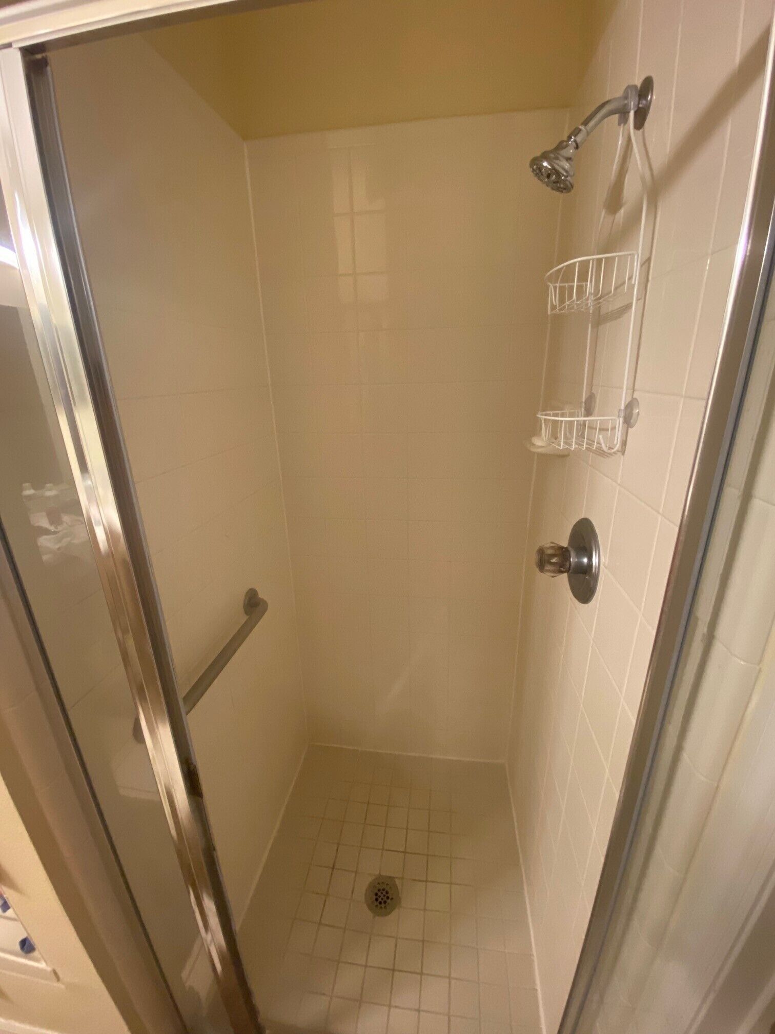 A small, enclosed shower stall with a glass door, a showerhead, and two shelves for toiletries.