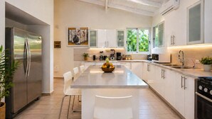 Une cuisine moderne dotée d’un îlot central, d’appareils électroménagers en acier inoxydable et offrant une vue sur la verdure environnante.
