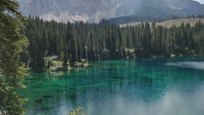 On peut admirer un magnifique lac de montagne, entouré d’une forêt dense et de montagnes escarpées.