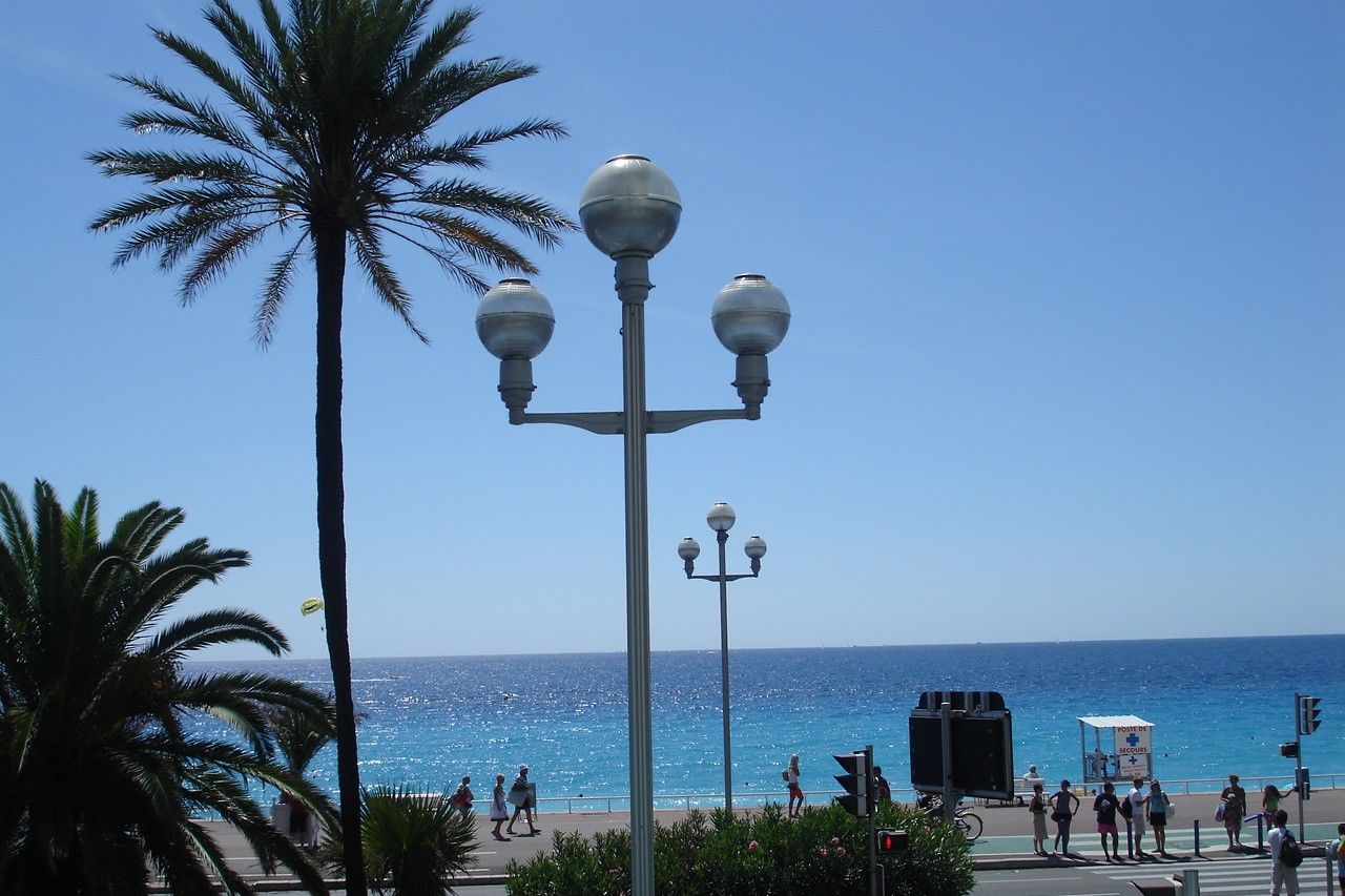 Una passeggiata lungomare con lampioni, palme e vista libera sull'oceano.