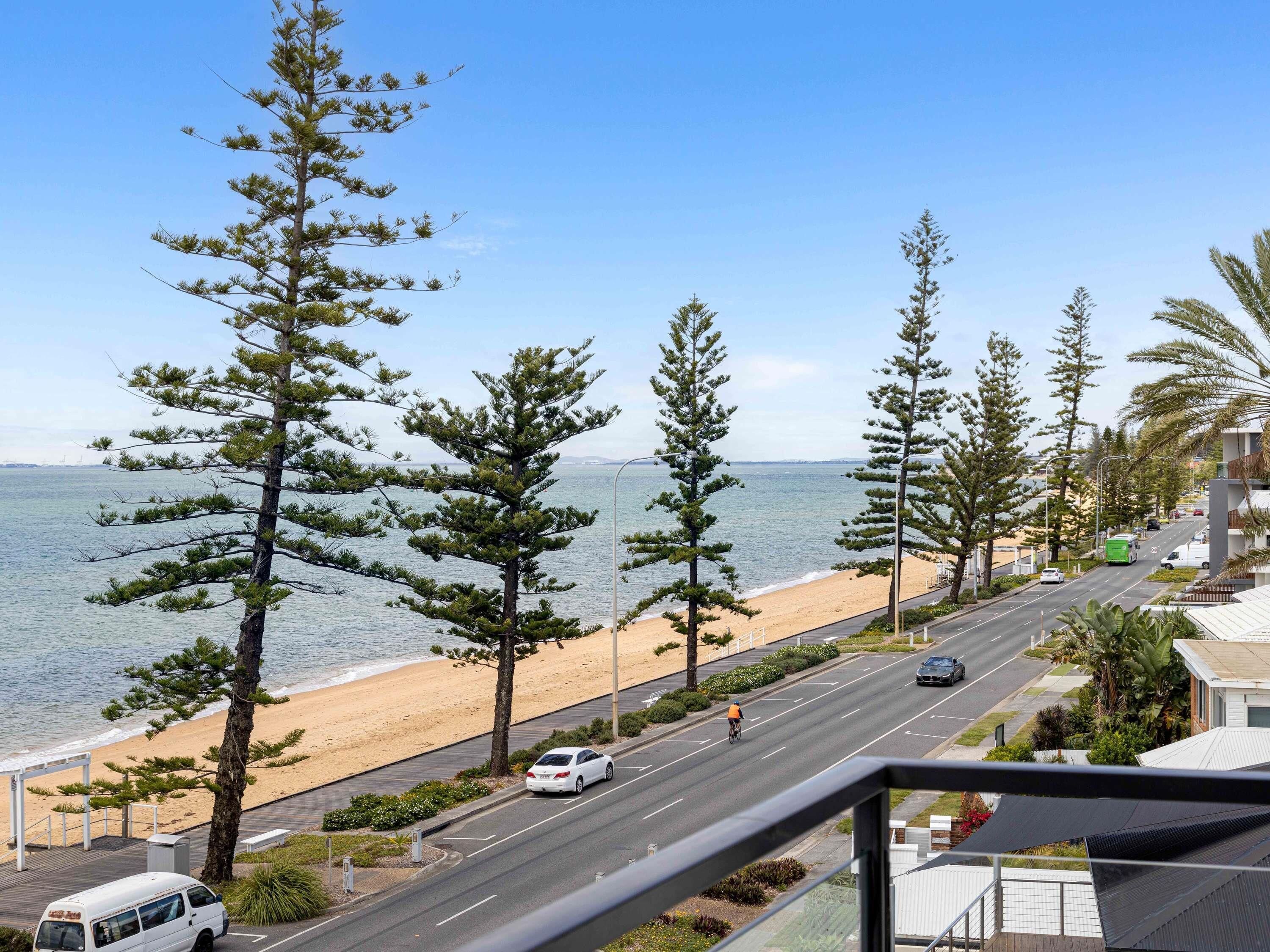 A coastal road with a beach on one side, lined with tall pine trees and a clear view of the sea.