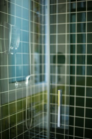 Shower, hair dryer, bathrobes, towels