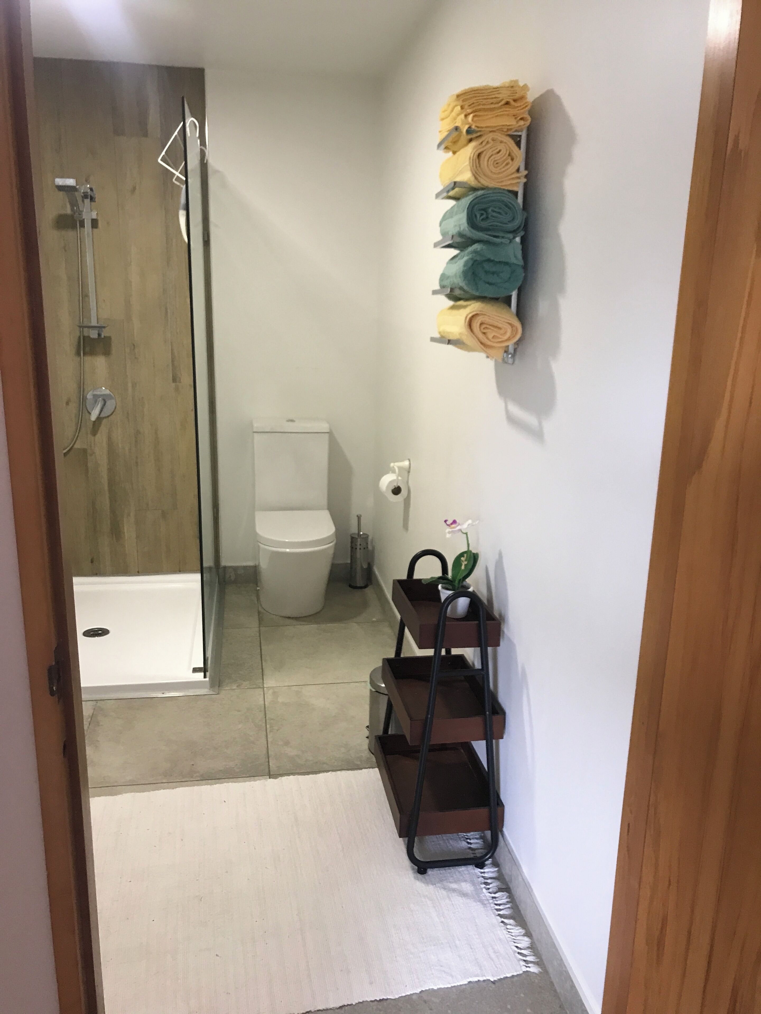 A bathroom with a glass shower enclosure, a toilet, and a towel rack with folded towels.