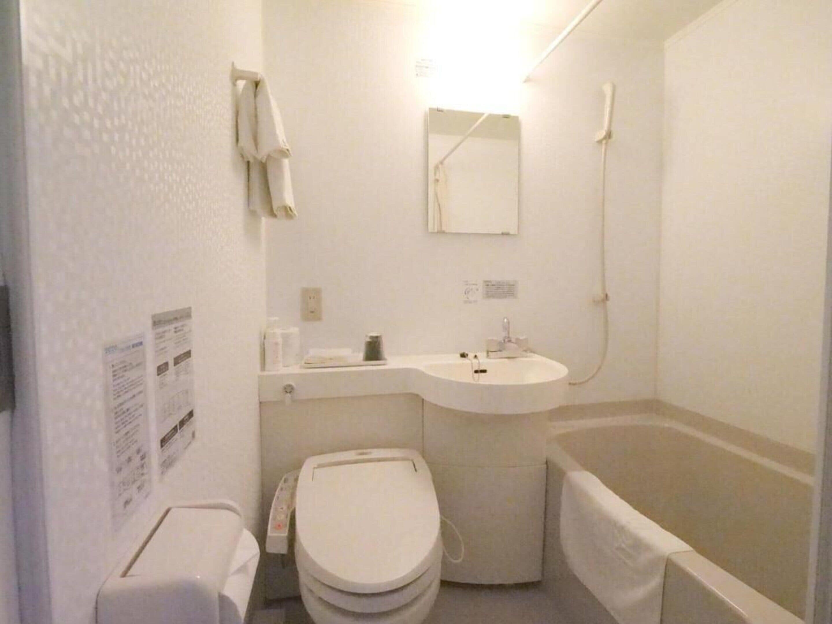 combined shower/bathtub, free toiletries, hair dryer, slippers