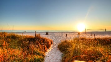 On the beach, sun loungers, beach towels