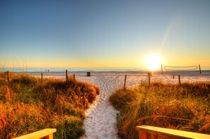 On the beach, sun-loungers, beach towels