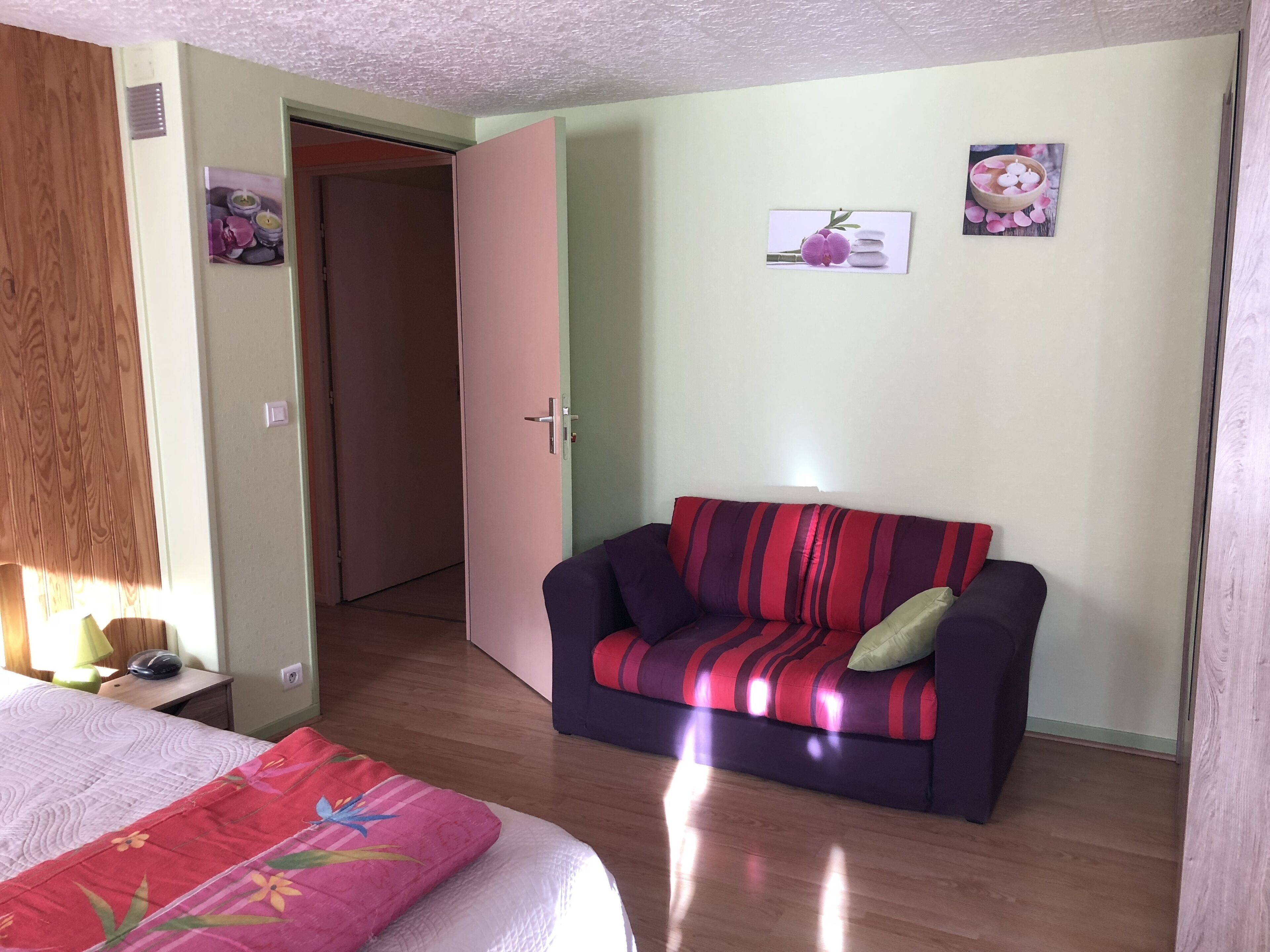 A bedroom with a bed, a sofa, a wooden door, and a wall with two pictures.