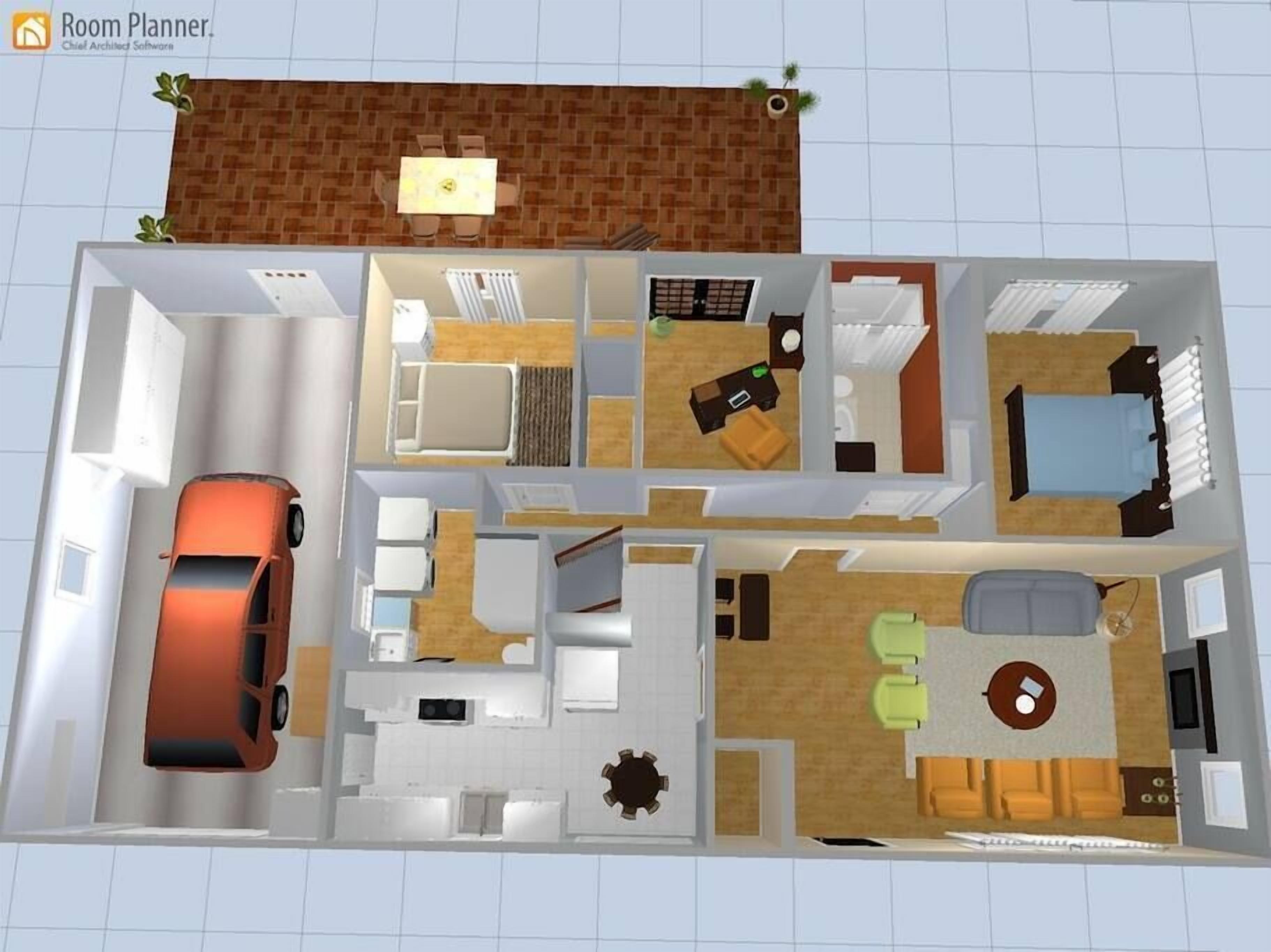 A 3D floor plan of a house with a car parked outside, a dining area, a kitchen, a living room, a bathroom, and a bedroom.