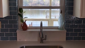 A kitchen with a window, a sink, and a potted plant.