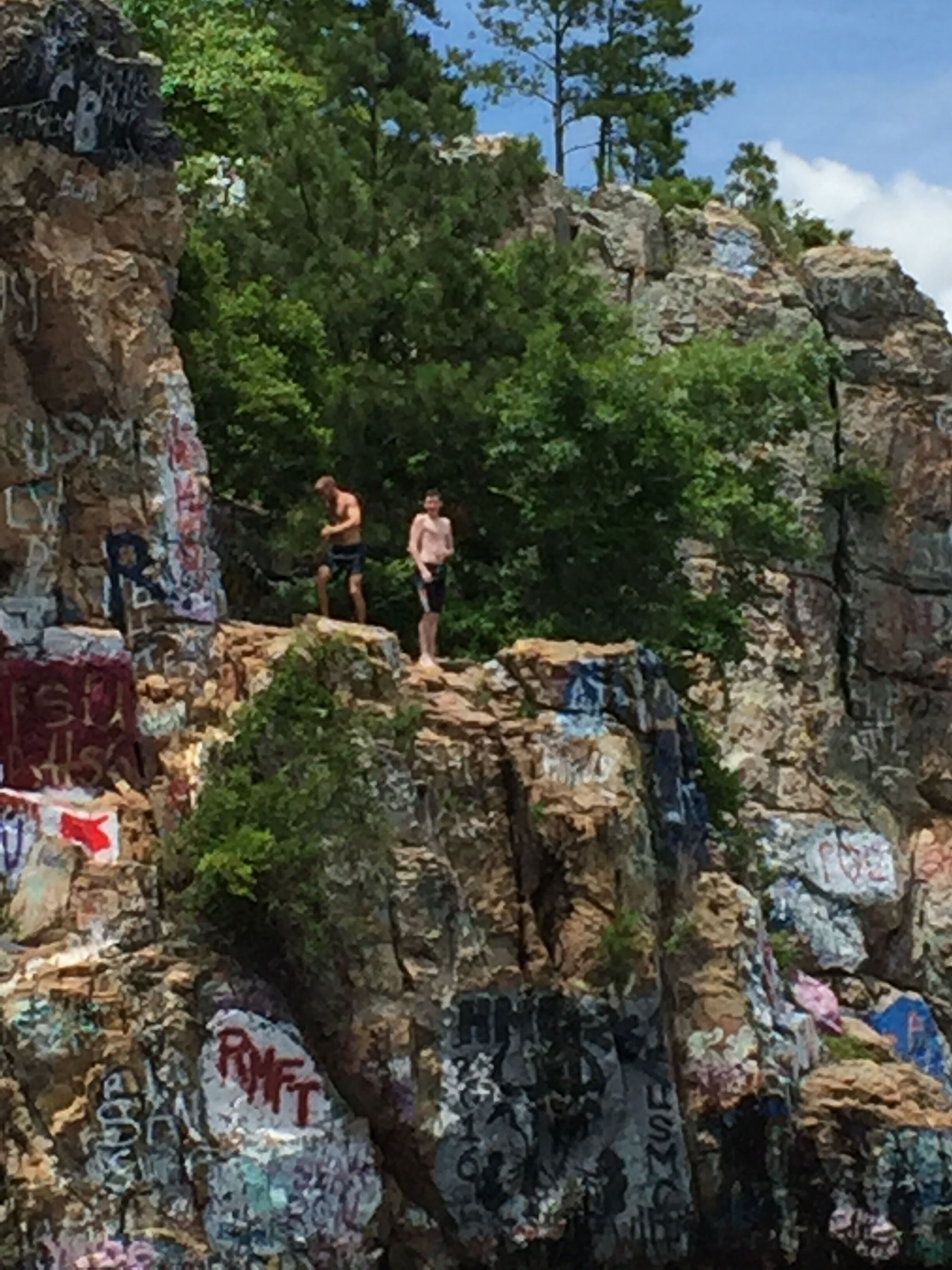 A rocky cliff with graffiti and trees in the background.