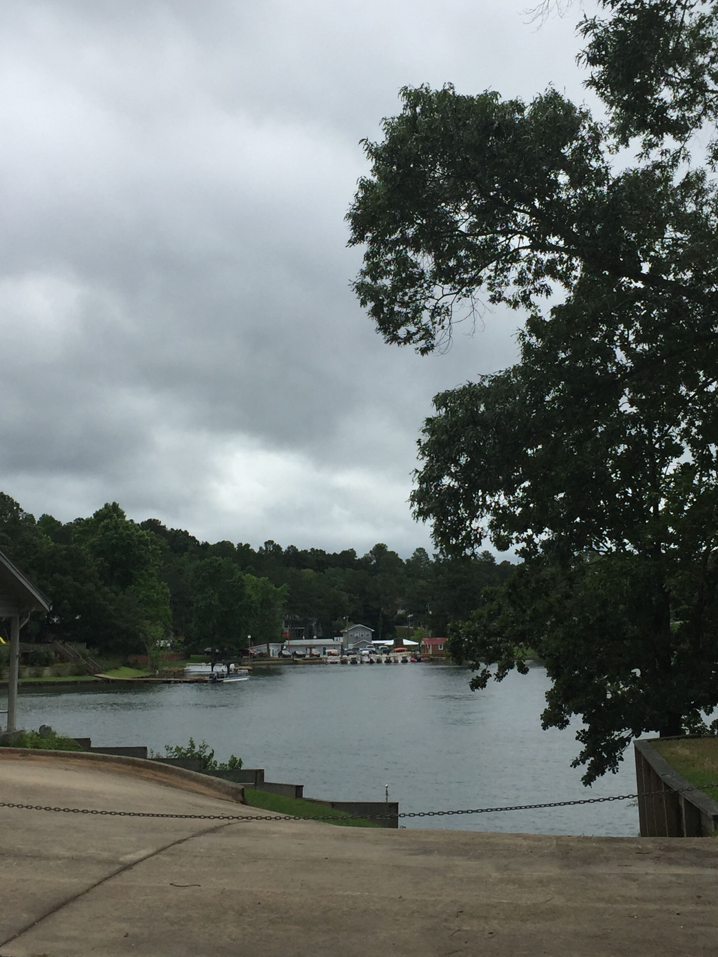 Une vue sur un lac, avec un quai, un bâtiment et un arbre au premier plan.
