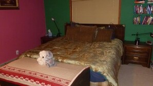 Een slaapkamer met een bed, nachtkastje, lamp en een boekenkast.