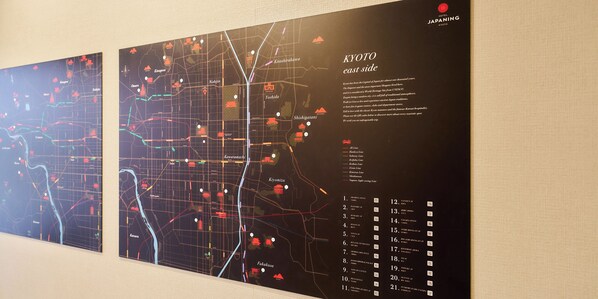 A map of Kyoto's east side with labeled districts and a list of hotels.
