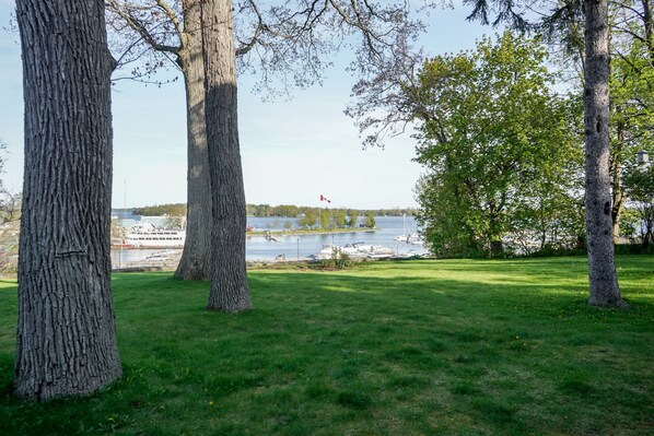A grassy area with trees and a view of a lake with boats and a flag.