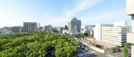 A cityscape with modern buildings, a large green park, and a busy intersection.