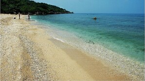 A beach with clear water, pebbly shore, and a forested hill in the background.
