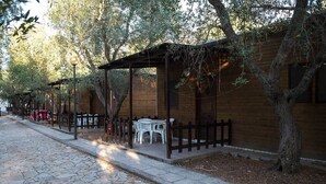 Una hilera de cabañas de madera con mobiliario exterior, un camino de piedra y árboles.