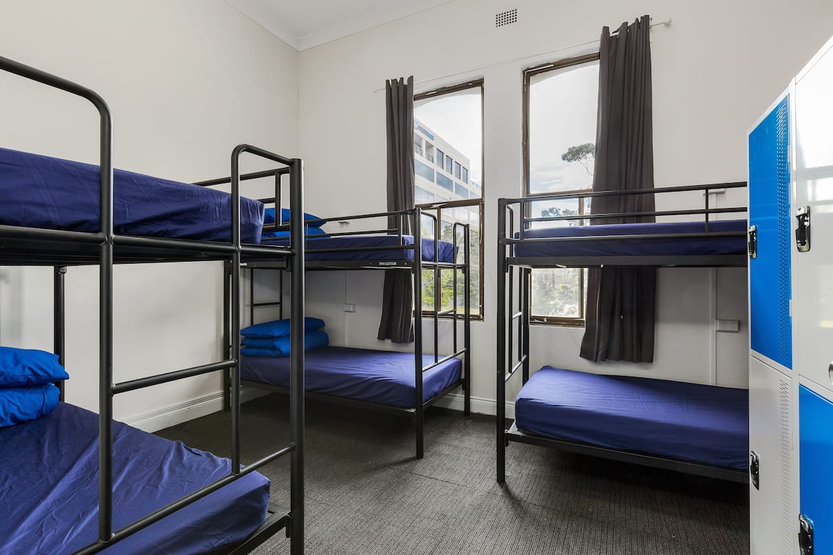 A dormitory room with bunk beds, a window with curtains, and a blue storage unit.