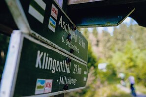 Panneaux de signalisation indiquant la direction à suivre pour rejoindre Aschberg et Klingenthal, avec indication des distances jusqu'à U. Steindorf et Mittelberg.