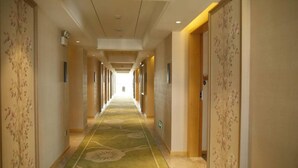 Een hotelgang met vloerbedekking en deuren aan beide kanten.