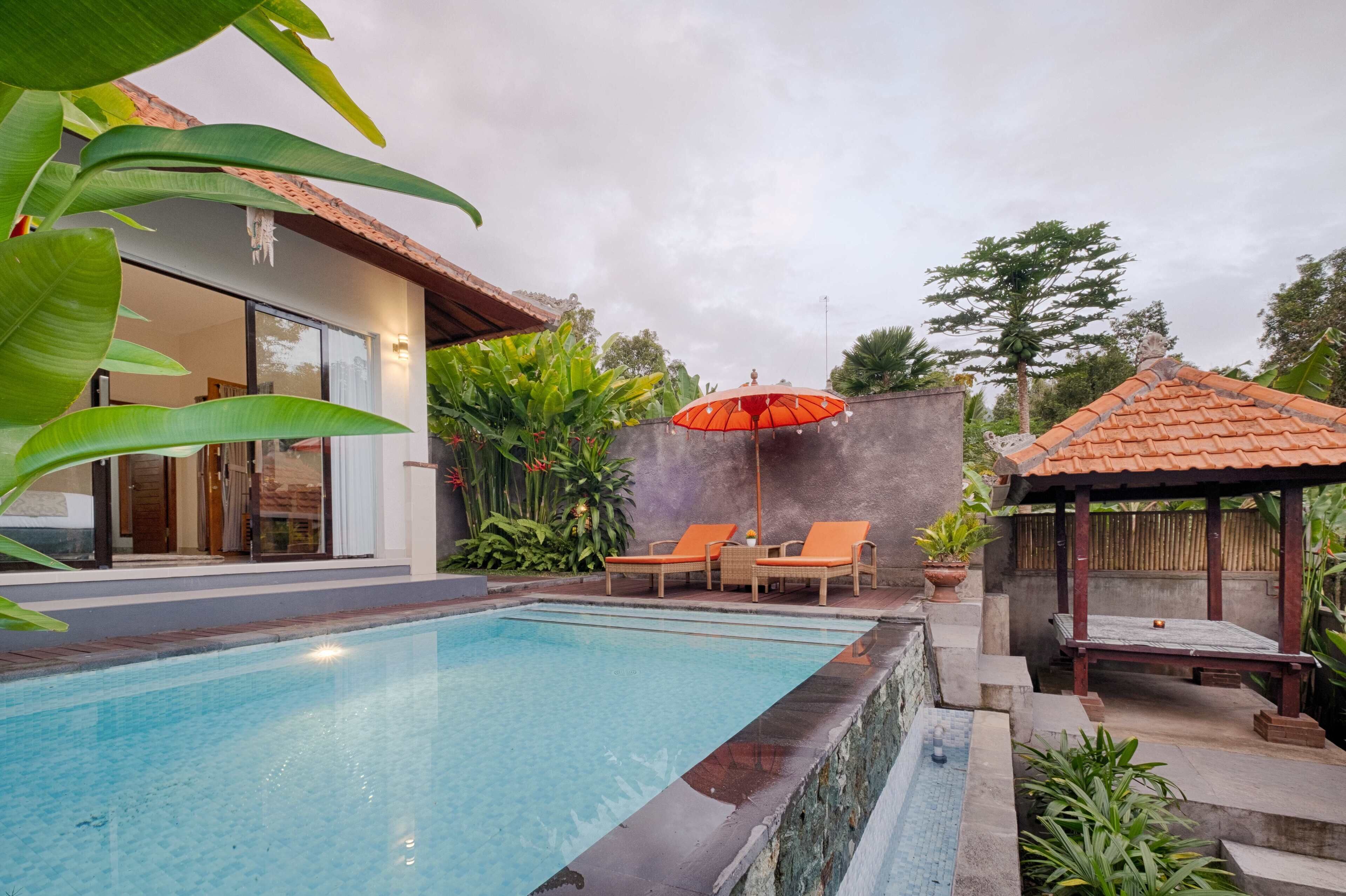 A swimming pool with lounge chairs and an umbrella, surrounded by tropical plants and a modern building.