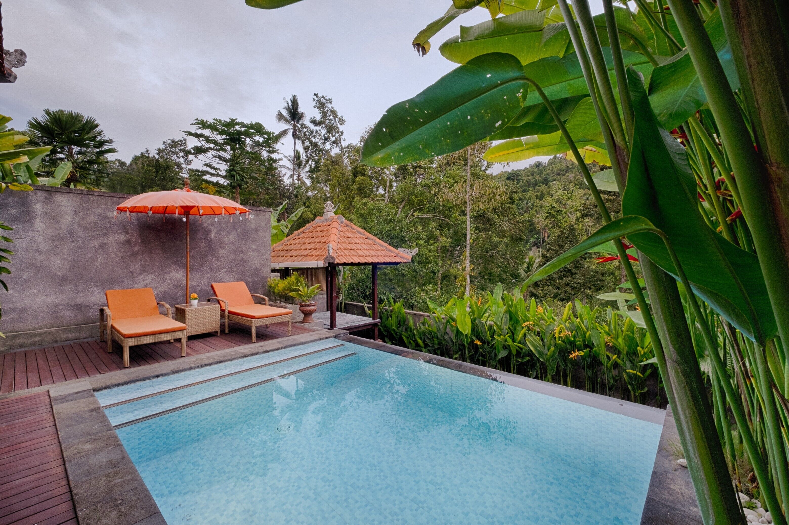 A pool area with lounge chairs and an umbrella, surrounded by lush greenery and a tiled-roof structure.