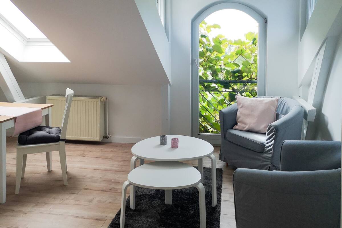 Ferienwohnung KlosterApartment, 1 Schlafzimmer, Terrasse, Parkblick (Kloster) | Wohnbereich | Flachbildfernseher