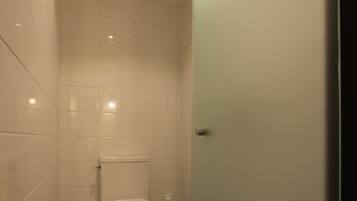 A bathroom with a toilet, a sink, and a mirror. The floor has a patterned tile design.
