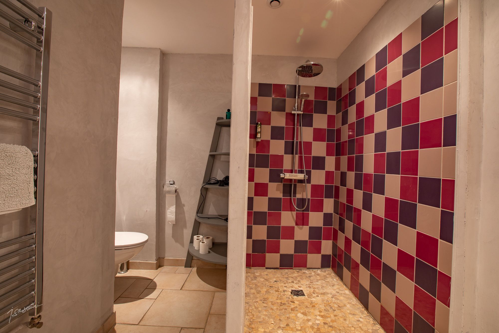 A bathroom with a shower, a toilet, and a towel rack.