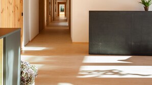 A long, narrow hallway with wooden walls and ceiling, leading to a dark reception desk with a plant on top. - Casariga (Comano Terme)