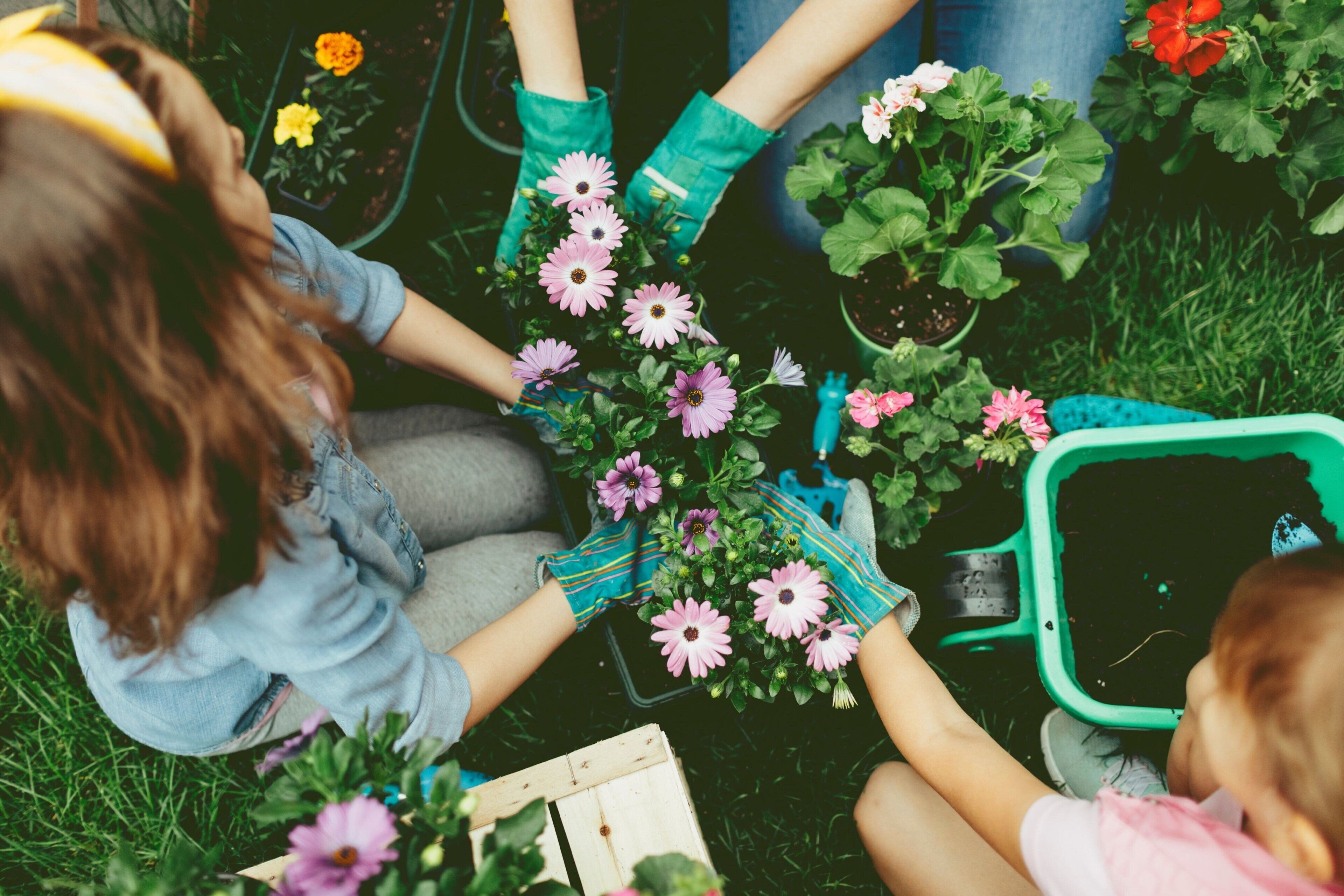 A child and an adult gardening with flowers and gardening tools.