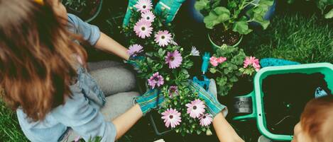 A child and an adult gardening with flowers and gardening tools.