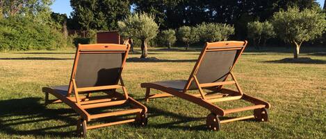 Two wooden lounge chairs with canvas seats in a grassy outdoor area with trees in the background.