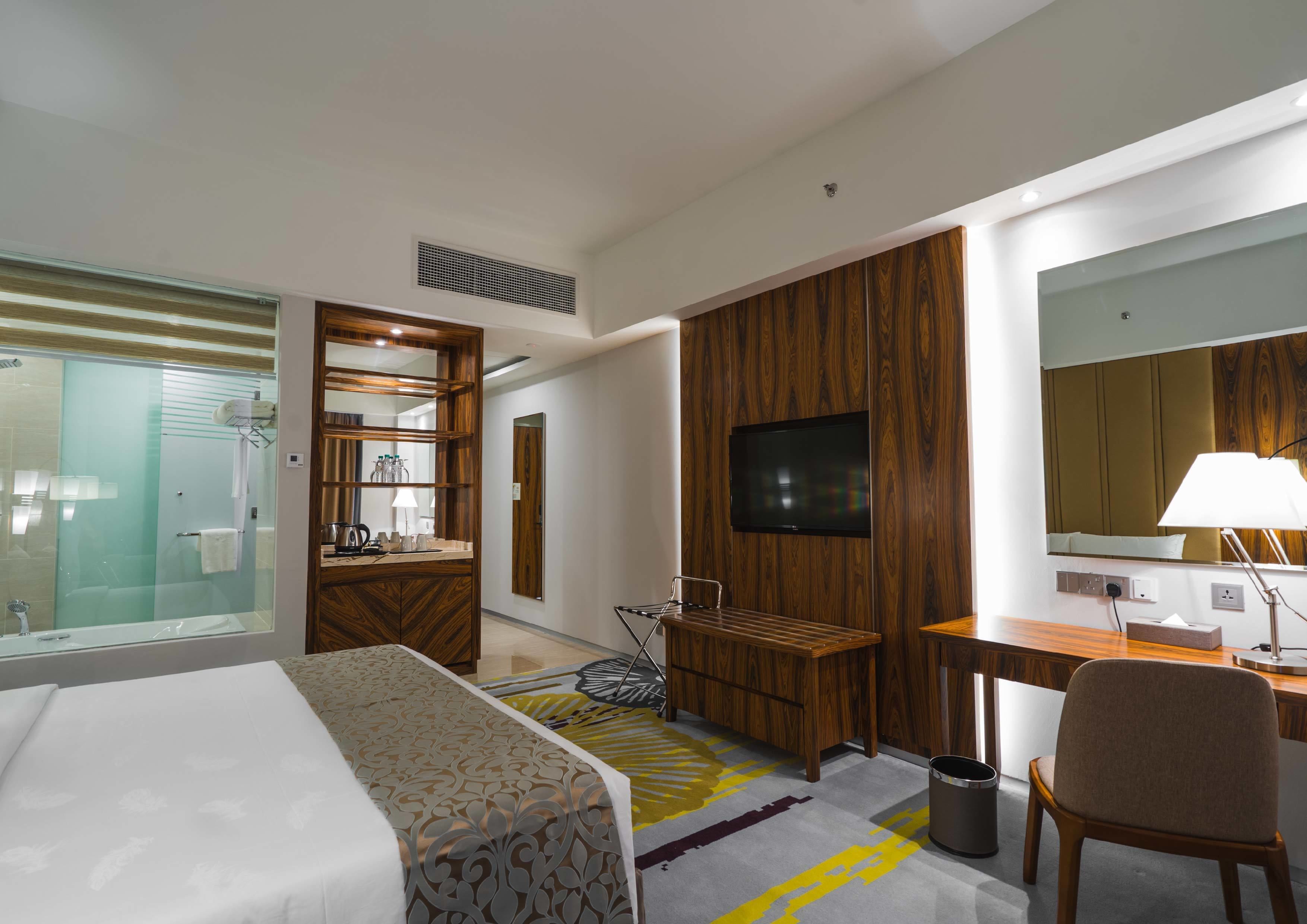 A modern hotel room with a bed, a desk, a TV, a mirror, and a shower area.