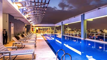 Outdoor pool, open 7:00 AM to 8:00 PM, sun loungers