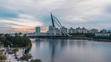 Un puente moderno de diseño singular que cruza un río, rodeado de edificios altos y un parque con senderos y árboles.