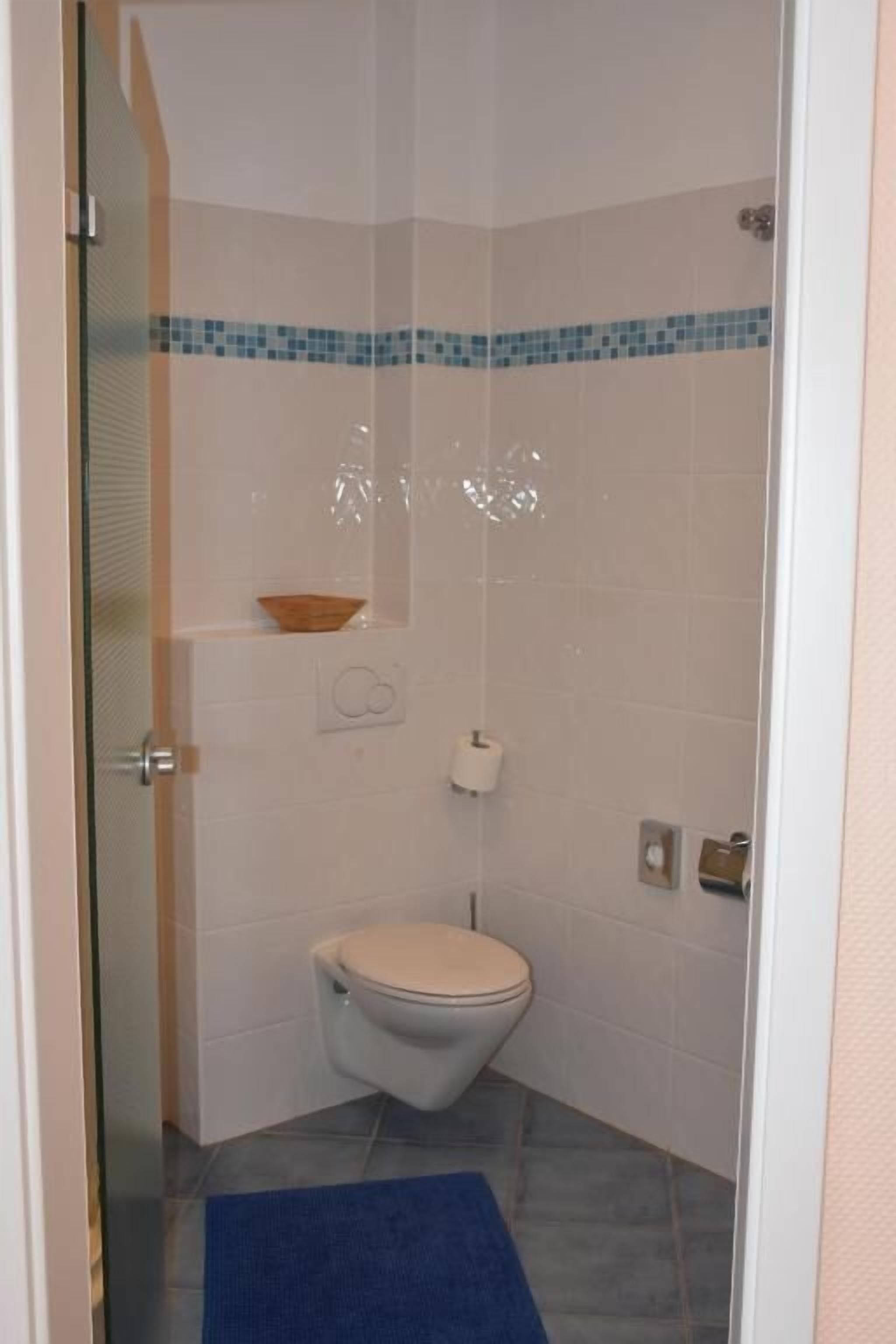 A small, compact bathroom with a toilet, a blue mat, and a shelf with a bowl.