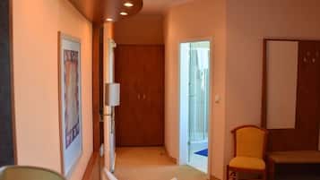 A hotel room with a bed, a chair, a wardrobe, and a shower area.