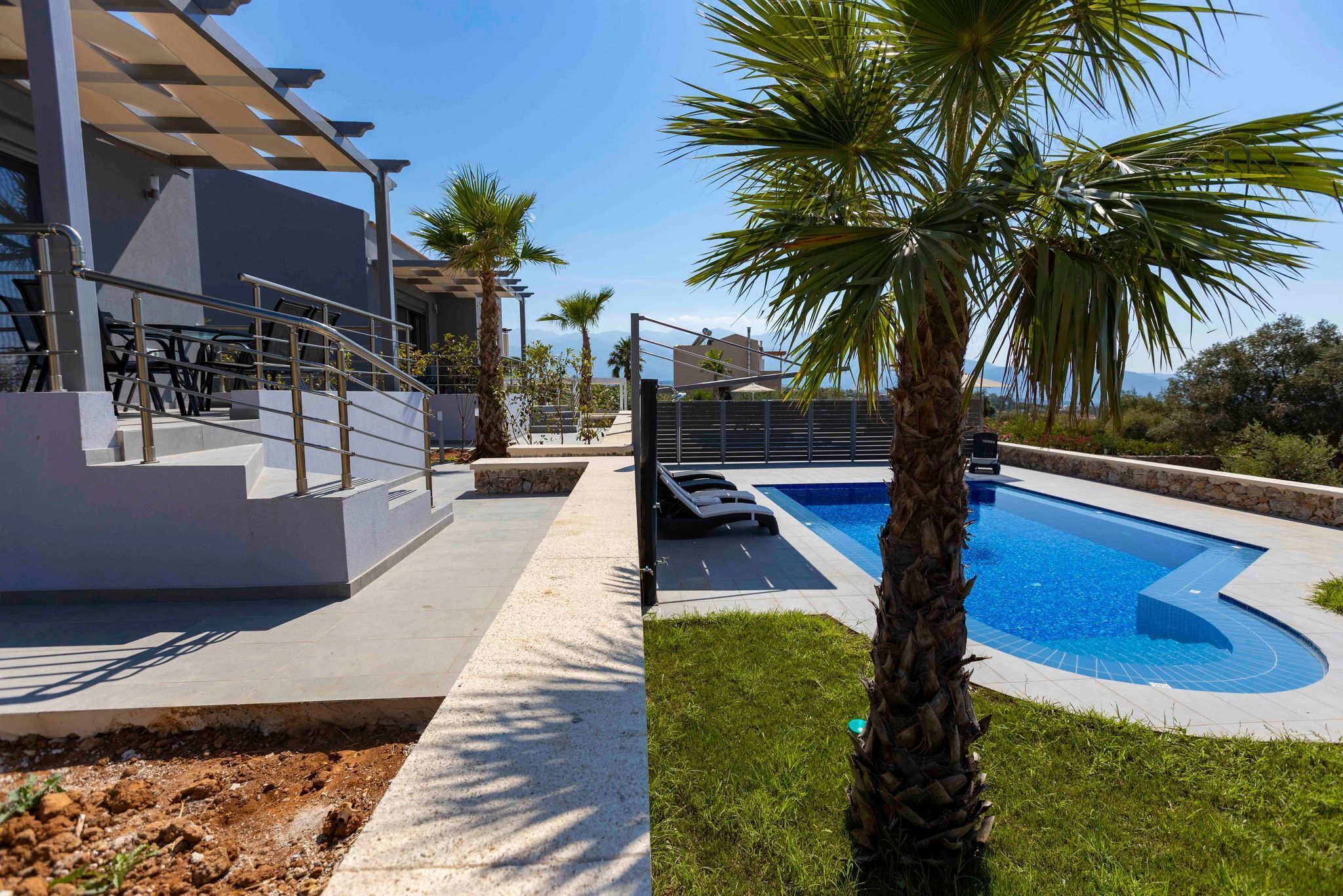 Un área de piscina exterior moderna con una piscina azul cristalina, palmeras y una zona de estar cubierta.