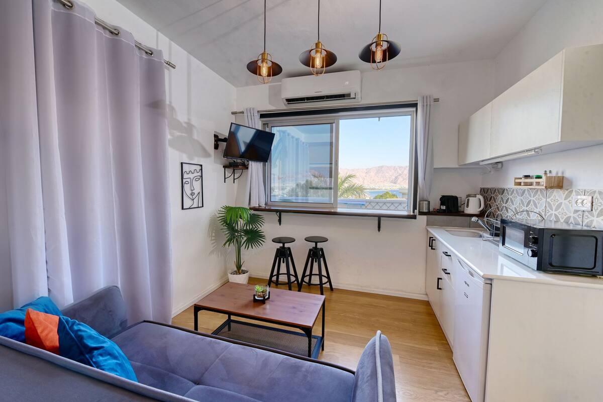 A compact living space with a sofa, a small table, a potted plant, a TV, and a kitchen area with a microwave and sink.