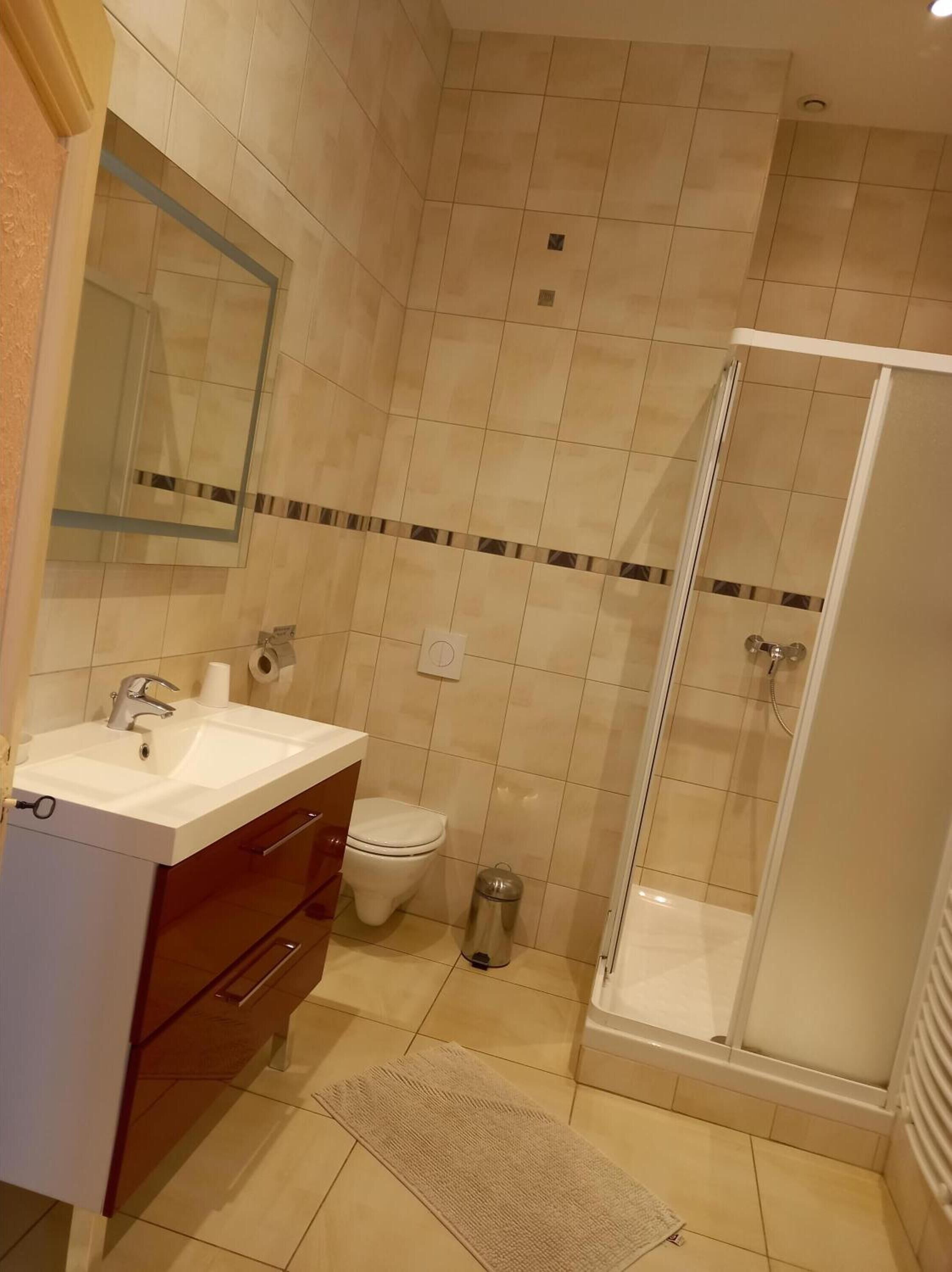 A bathroom with a sink, toilet, and shower.
