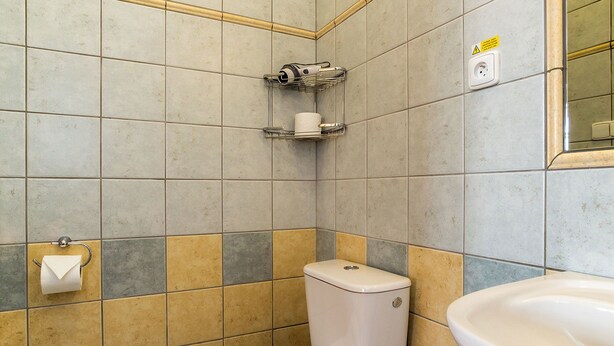 A bathroom with a toilet, a sink, and a mirror. - Pension Gardena Kaplická 21 (Cesky Krumlov)