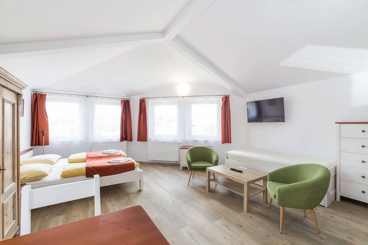 A compact room with a bed, a small table, two chairs, a TV, and a dresser.