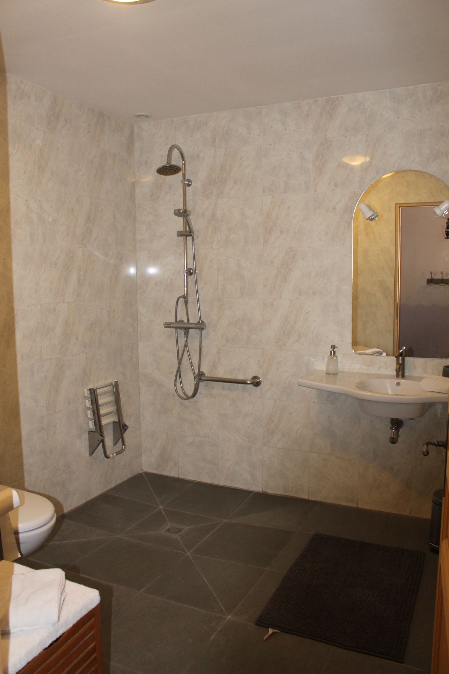 Un baño moderno con ducha, lavabo e inodoro.