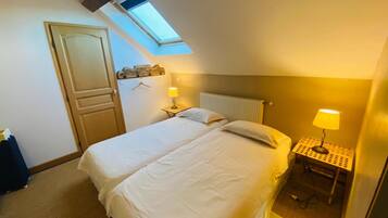 Une chambre avec un puits de lumière, un lit, une table de chevet avec une lampe et un radiateur.