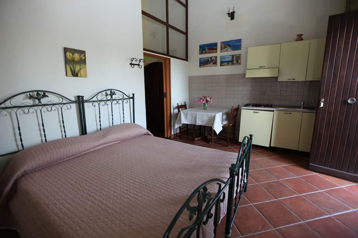 Een slaapkamer met een bed, een eettafel met stoelen, een keuken met kasten, en een deur naar een andere kamer.