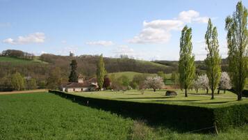A rural landscape with a house, green fields, and trees.