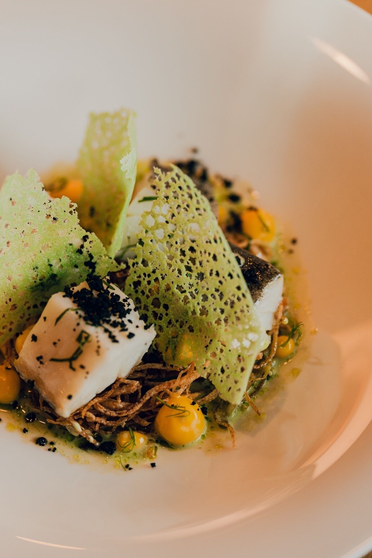 A dish with fish, greens, and corn on a plate.